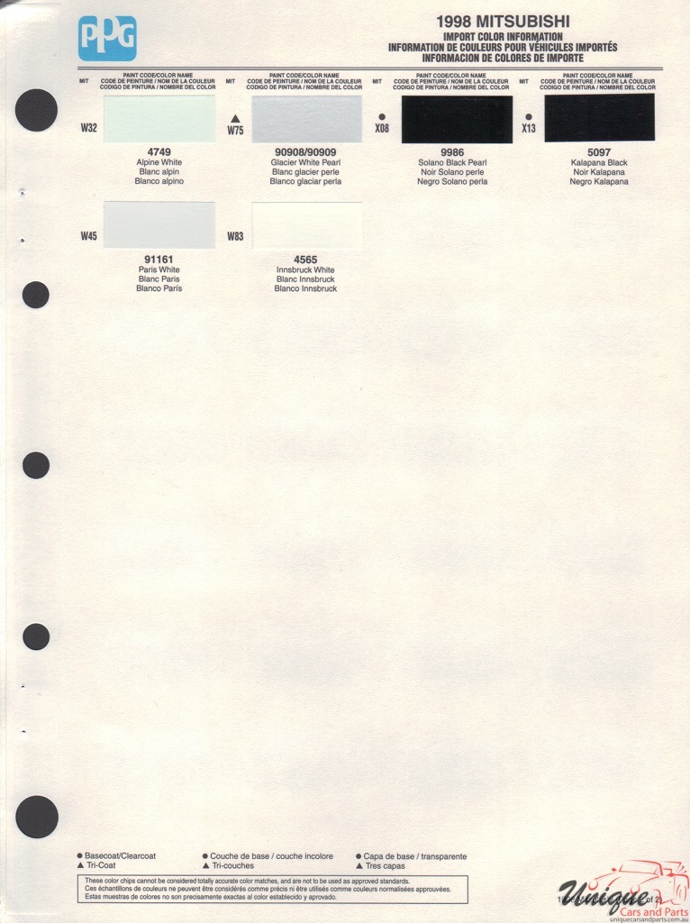 1998 Mitsubishi Paint Charts PPG 2